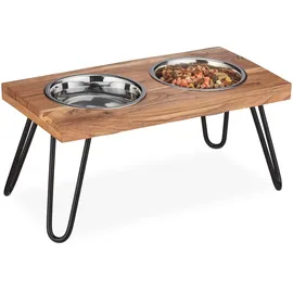Relaxdays Napfständer, Edelstahlnäpfe 1200 ml, Hundefutterstation aus Akazienholz, Hundebar HBT 23 x 49,5 x 25 cm, braun