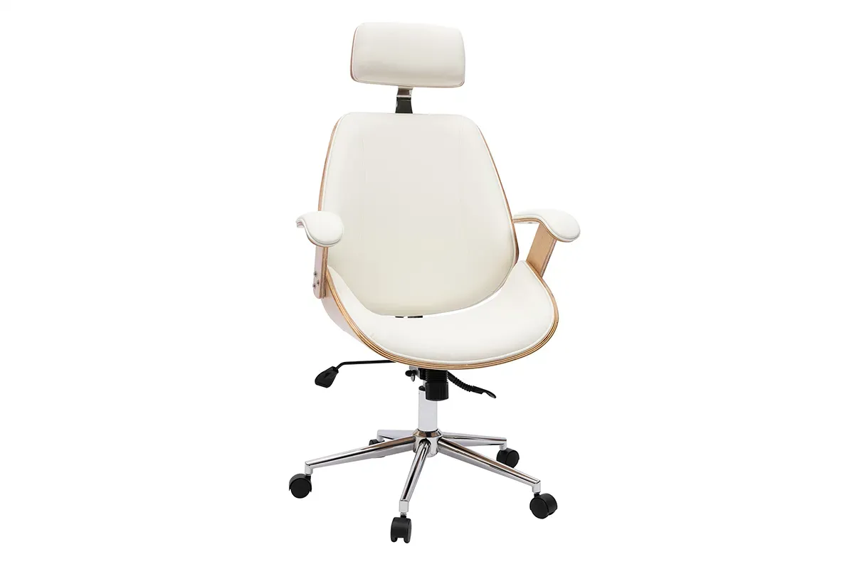 Fauteuil de bureau de direction design blanc, bois clair et acier chromé MUSK