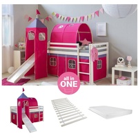 Homestyle4u Hochbett Kinderbett mit Matratze Rutsche Turm Pink Tunnel 90x200 cm weiß