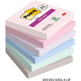 Post-it Soulful Super Sticky Haftnotizen 76 x 76 mm Farbig sortiert Quadratisch Blanko 90 Blatt Vorteilspackung 4 + 2