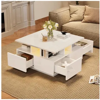 STILVORA Couchtisch Hochglanz wohnzimmertisch sofatisch mit 4 schubladen,Beistelltisch (Satztisch, Wohnzimmertisch, Beistelltisch, 1-St., mit 4 schubladen), mit LED licht, geometrische Design weiß