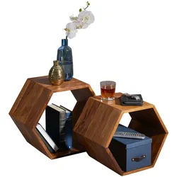Kadima Design Sheesham Massivholz Satztisch 2er Set in Wabenform, Braunton, handgefertigt. 46x30x40 cm