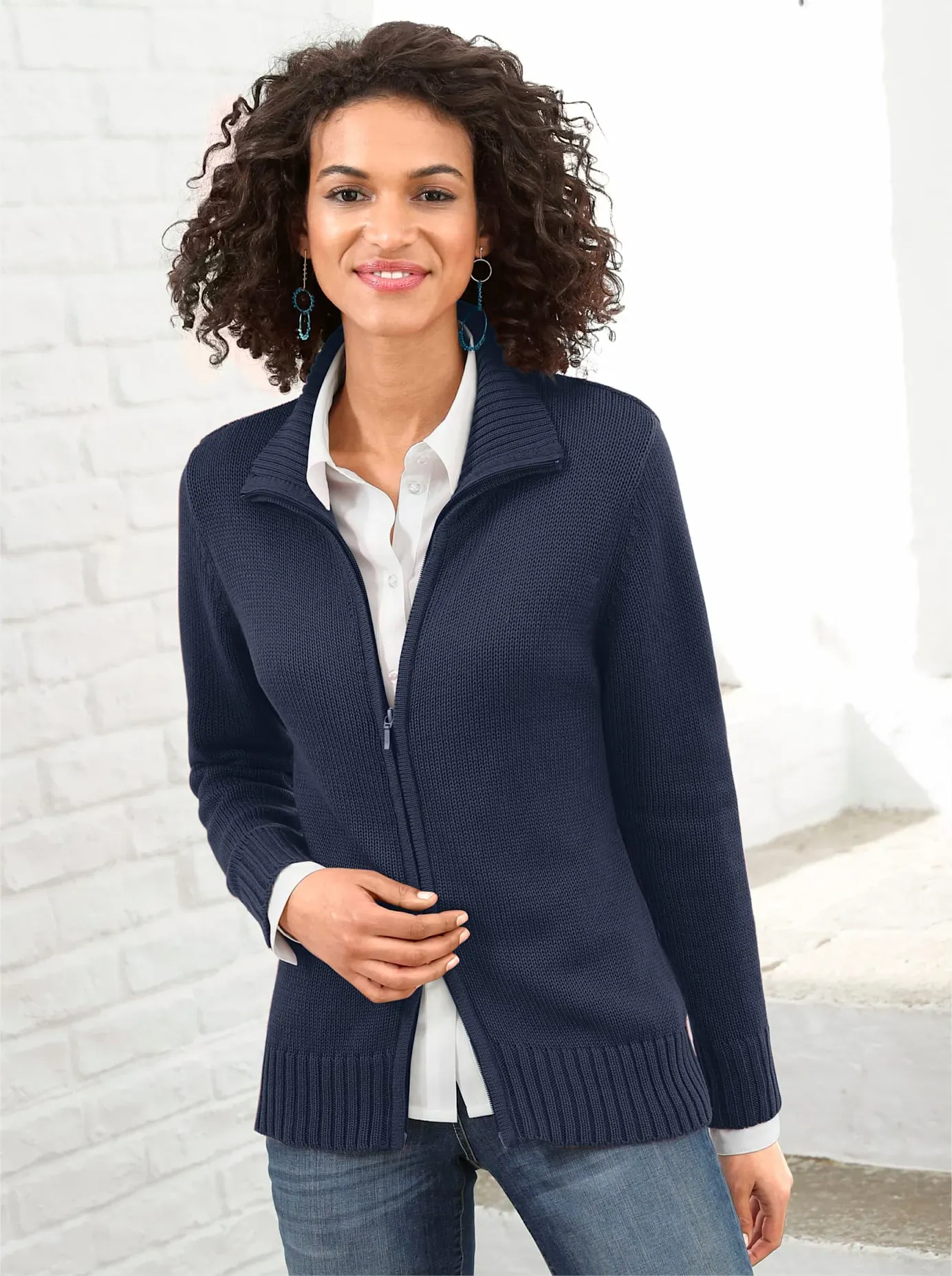 Strickjacke CASUAL LOOKS, Damen, Gr. 40, blau (marine), 50% Baumwolle, 50% Polyacryl, unifarben, figurumspielend, Strickjacken Strickjacke