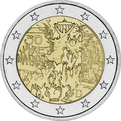 2 Euro 2019 "Der Mauerfall" in der Miniatur eines Segments der Berliner Mauer