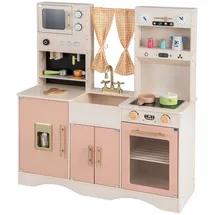Costway Spielküche Holz, Kinderküche mit Mikrowelle, Spüle rosa