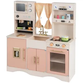 Costway Spielküche Holz, Kinderküche mit Mikrowelle, Spüle rosa