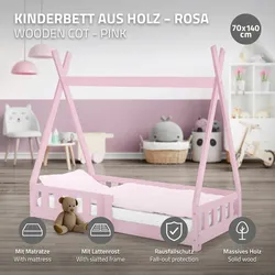 Kinderbett+Matratze Rausfallschutz Tipi Bett Hausbett Kiefernholz Rosa 70x140 cm