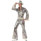 ATOSA | 70er Jahre Herren Disco Kostüm Silber | Metallic Jumpsuit mit Gürtel | Ideal für Mottopartys, Karneval | ABBA Disco & Style Musik | Saturday Night Fever inspiriertes Design | XS-S