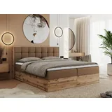 MKS Meble Boxspringbett 180x200 mit Bettkasten Holz Holzrahmen, Boxbett 180x200 mit Matratze H3 und Kopfteil, - Braun Kunstleder - Albero-1