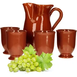 5tlg. Tongeschirr Set Tonkrug 1L + 4 Tonbecher 175ml braun glasiert