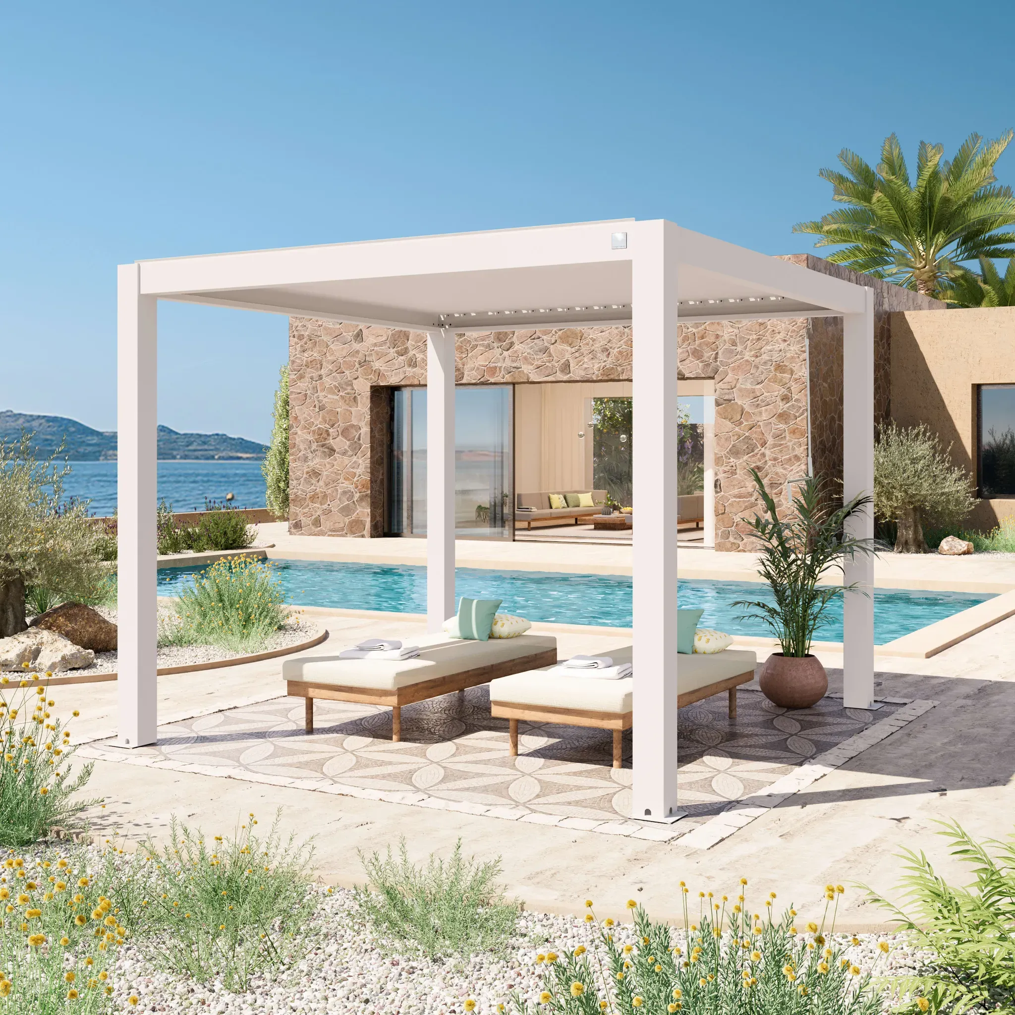 PRIMEYARD  3x3m Pergola blanc, lames blanc orientables - (400114)