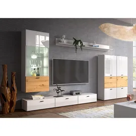 Feldmann-Wohnen Wohnwand, Weiß Hochglanz, Braun, Holzwerkstoff, 11 Fächer, 1 Schubladen, Rechteckig, 300x144x40 cm, Wohnzimmer, Wohnwände, Anbauwände