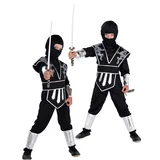 Magicoo silberner Drachen Ninja Kostüm für Kinder Jungen Gr 110 bis 140 Schwarz/Silber - Fasching Kinder Ninja Kostüm für Kind (134/140)