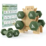 PhysKcal Hanteln Set mit Bambusständer | Dumbbells Set | 2 x 1kg, 2 x 2kg, 2 x 3kg Kurzhantel Set für Kinder & Frauen (12kg | Kale Green)