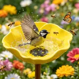 Skeadex Vogeltränke Stehend Gartenstecker Metall, Blume Bienentränke Insektentränke Garten Vogeltränke Winterfest Vogelbad mit Futterschale Vogelfutterstation Wassertränke für Garten Hof Terrasse (B)