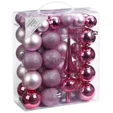 INGE-GLAS 47 Christbaumkugeln Kunststoff 4cm und 6cm mit Spitze Set, Farbe: rosa Glanz/matt