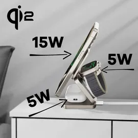 CubeNest Qi2 3in1 Magnetisches Drahtloses Ladegerät SQ312 Pro Titanium - Magsafe-kompatibel - Grau