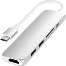 Satechi USB-C Hub Slim, Multiport-Adapter, Dockingstation mit 4K HDMI, 60W Power Delivery, 2X USB-A, SD/MicroSD-Kartenleser – Silber