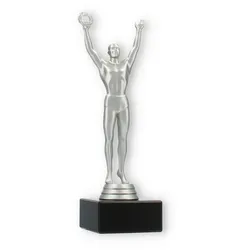Pokal Kunststofffigur Sieger silbermetallic auf schwarzem Marmorsockel 21,6cm