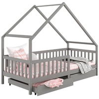 Idimex Hausbett ALVA aus Kiefer Massivholz, grau - Kinderbett mit Dach, Tipibett mit Schubladen, Kinderzimmer Bett, Bodennahes Bett Montessori, ideal für... - Grau