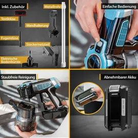 First Austria TZS First Austria Akku Staubsauger, Kabellos, 120 W, 2200 mAh, LED Beleuchtung, 2 Saugstufen, Handstaubsauger, Staubsauger, Beutellos, Blau | Blau