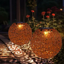 ETC Shop Solarleuchte rost Solarlampe für Außen Kugel Solar Garten Deko Erdspieß, mit orientalischem Lichteffekt, Metall, 1x LED warmweiß, DxH 18x52,5 cm