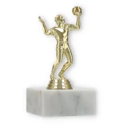 Pokal Kunststofffigur Volleyballspieler gold auf weißem Marmorsockel 12,9cm
