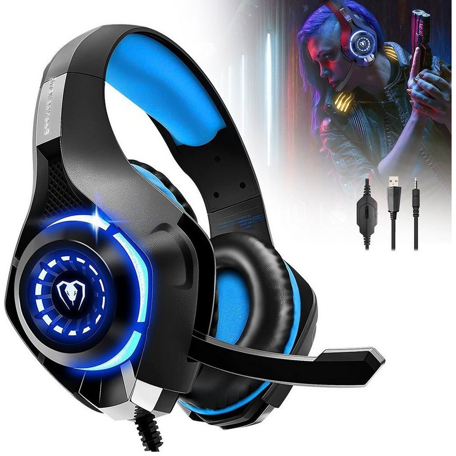 DOPWii Gaming Headset für PS4 PS5 PC Xbox Series,3.5 mm Deep Bass Stereo Headset blau|schwarz