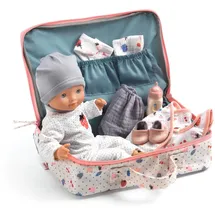 Djeco Pomea Babypuppe 32 cm Set Vanille Stoff/Vinyl Reisekoffer | Schlafaugen, Klettverschlusskleidung, Babyflasche, Windel