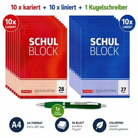 Brunnen SPARPACK BRUNNEN Schulblock A4 10x liniert + 10 x kariert - gelocht, mit Rand + Kugelschreiber