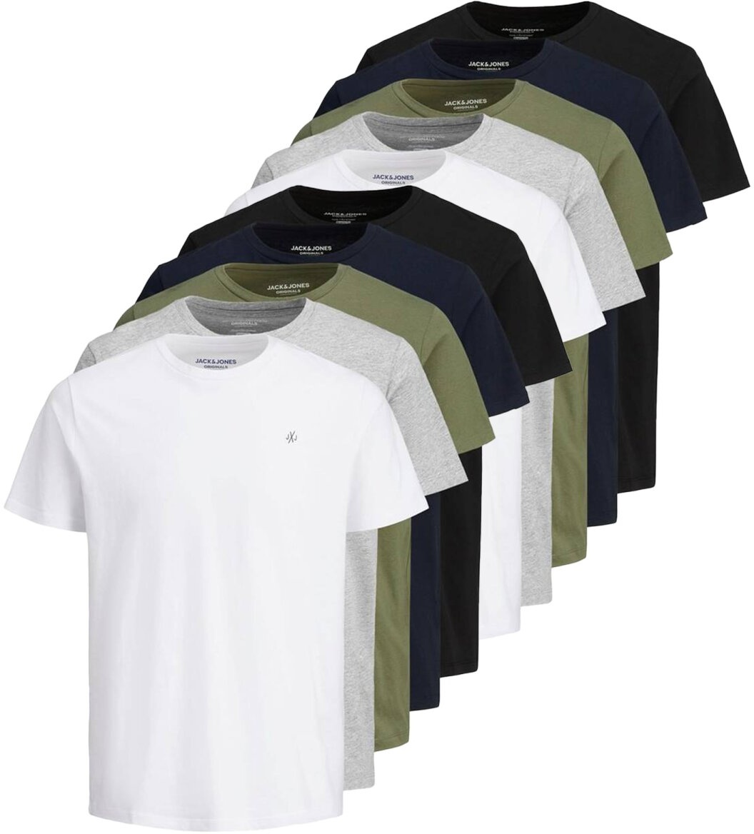 JACK&JONES Herren T-Shirt, 10er Pack - JORJXJ, T-Shirt, kurzarm, Rundhals, Baumwolle, Logo, einfarbig Weiß/Grau/Grün/Blau/Schwarz L