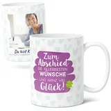 Abschiedsgeschenk Kollegen - Keramik Kaffee-Tasse (300ml) Personalisiert mit Foto & Spruch - Präsent für Jobwechsel, Ruhestand - Fototasse - Allerbeste Wünsche zum Abschied!