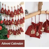 24 Adventskalender zum Befüllen, Adventskalender Stoffbeutel Säckchen mit 1-24 Sackleinen Taschen Jutesäckchen Rot