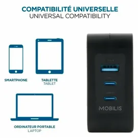 Mobilis Charger 100W 2USB C 1USBA GaN cable 100W Laptop, Smartphone, Tablets Schwarz