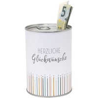Dekohelden24 155624 Metall-Spardose - Konservendose-Design - Motiv: HerzlicheGlückwünsche-Ø8,6cmxH12cm, Glückwünsche