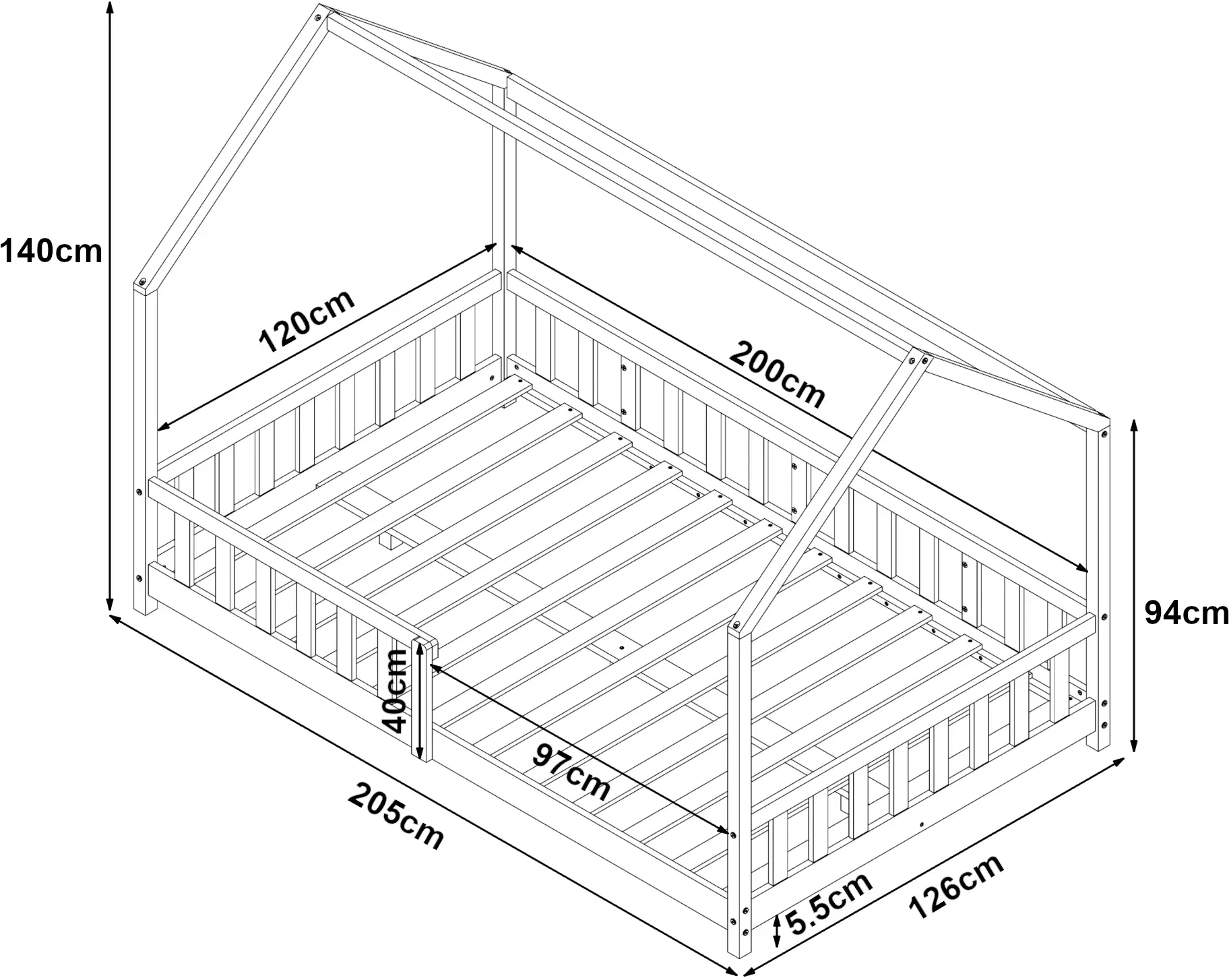 [en.casa] Hausbett Hesel mit Rausfallschutz 120x200cm Weiß