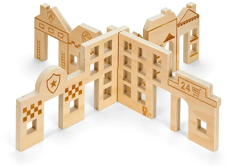 Spielwände Stadt 2-teilig aus Holz 59,5x59,5x17 cm naturfarben – tickit Baue deine Welt – Detailgravur, sensorische Rillen