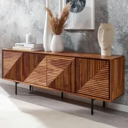 Kadima Design Lowboard `Spectrum`, Sheesham Massivholz, 3D-Oberfläche, Stauraum, Edelstahl-Gestell. 140x33x54 cm