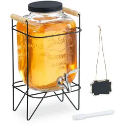 Relaxdays Getränkespender mit Ständer, Limobehälter 5L, Edelstahl Zapfhahn & Deckel, Wasserspender, Glas, transparent