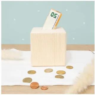 hellomini Spardose Spardose Holz Würfel Blanko, (1-tlg), Aus Kiefernholz, Naturbelassen, 10 x 10 x 10 cm, Schloss Schlüssel beige