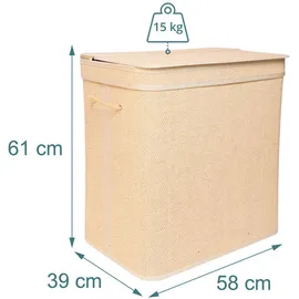 Relaxdays Wäschekorb mit Deckel, 130 l, 2 Innenfächer, HxBxT: 61 x 58 x 39 cm, Badezimmer Wäschetruhe, Natur