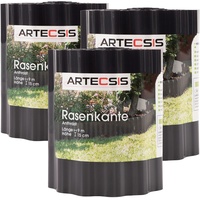 ARTECSIS 3X Rasenkante aus Kunststoff, 9 m x 15cm, Anthrazit, gewellt, Umrandung für Beete, Beeteinfassung, Rasenbegrenzung