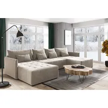 Sofnet Wohnlandschaft Leno U mit Schlaffunktion - U-Form Couch, Ecksofa mit Bettkasten, Couchgranitur mit Bettfunktion, Schlafsofa, Big Sofa - Velours Sto... - Beige