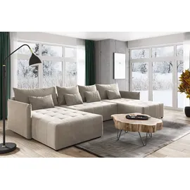 Sofnet Wohnlandschaft Leno U mit Schlaffunktion - U-Form Couch, Ecksofa mit Bettkasten, Couchgranitur mit Bettfunktion, Schlafsofa, Big Sofa - Velours Sto... - Beige