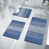 Enyhom Badteppich Set 3 Teilig Weich Hochflor Duschteppich Badematte Toilettenmatte Maschinenwaschbar rutschfeste wc Teppich Set Badvorleger Badezimmerteppich, Blau