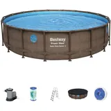 Bestway Power Steel Swim Vista 549x549x122 cm, Frame Pool rund im Komplett Set mit Bullauge, inkl. Filterpumpe, Leiter und Abdeckplane