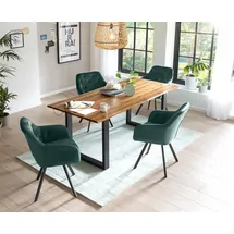 SalesFever Esstischgruppe 5-tlg., 180x90cm, Platte Akazie 26mm cognac, Metallgestell schwarz, 4 Armlehnstühle 360° drehbar Samt