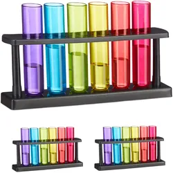 Relaxdays Reagenzgläser Schnapsgläser, 18 Gläser, 3 Halterungen, Kunststoff, 40 ml, Shotgläser Chemie, für Partys, bunt