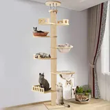 Hoher Katzenbaum, 6 Etagen vom Boden bis zur Decke Katzenbaum, Höhenverstellbarer Katzenturm für Indoor-Katze, Wandmontierter Katzenkratzbaum, hoher stabiler Katzenbaum für Indoor-Katzen (Beige)