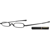 TLTLT Lesebrille, Mini-Kompakt-Lesebrille, schmale Stift-Lesebrille mit tragbarem Clip-Etui, Metallrahmen, Federscharniere, modische Taschenlesebrille for Männer und Frauen(Black,1.5 x) - 1.5 x